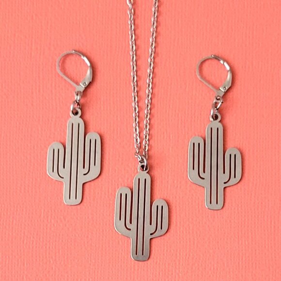 CACTUS Stainless Steel Charm Chain 18" Necklace Earrings Set Western Cowgirl - Picture 6 of 11